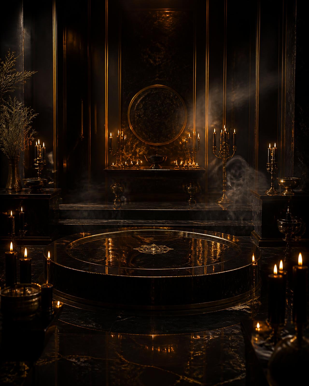 Candlelit obsidian ritual chamber with drifting incense smoke